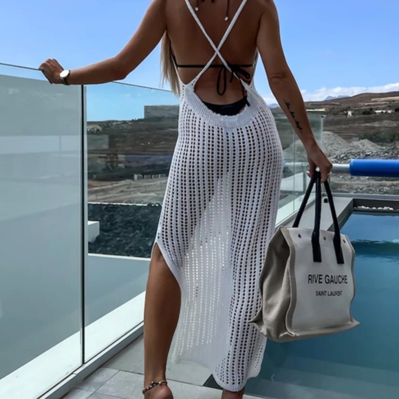 White Openwork Slit Cutout Wide Strap Dress - Picture 7 of 15